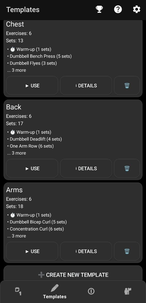 Workout templates list